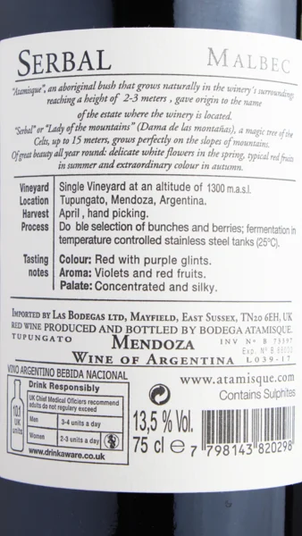 Serbal Malbec, Bodega Atamisque 2024 view 3