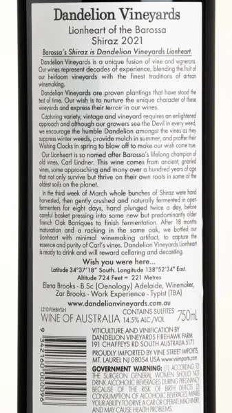 Dandelion Vineyards Lionheart of the Barossa Shiraz 2023 view 3